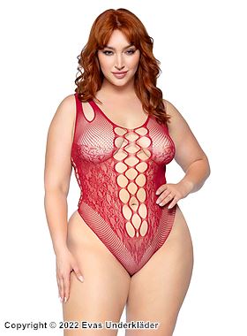 Gemusterter Body, Stretch-Netz, ohne Nähte, Spitzendetails, doppelte Bänder, Plus Size